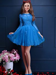 Beading and Lace and Appliques Bridesmaid Gown Teal Lace Up 3 4 Length Sleeve Mini Length