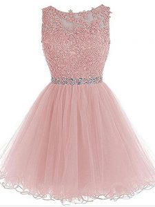 Pink Organza Zipper Prom Dress Sleeveless Mini Length Beading and Lace and Appliques