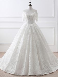 Fitting White Organza and Lace Lace Up Bridal Gown Half Sleeves Brush Train Lace and Appliques