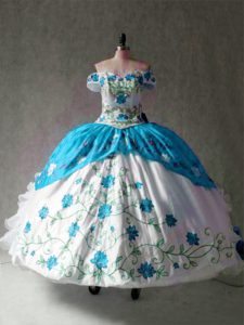 Best Selling Blue And White Ball Gowns Off The Shoulder Cap Sleeves Organza and Taffeta Floor Length Lace Up Embroidery 