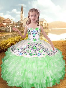 Stylish Ball Gowns Little Girl Pageant Gowns Apple Green Straps Organza and Taffeta Sleeveless Floor Length Lace Up