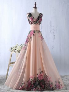 Floor Length Lace Up Prom Dresses Peach for Prom and Party and Wedding Party with Ruching