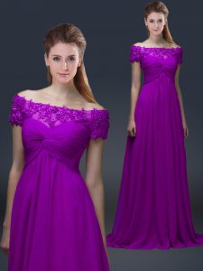 Spectacular Purple Chiffon Lace Up Mother Of The Bride Dress Short Sleeves Floor Length Appliques