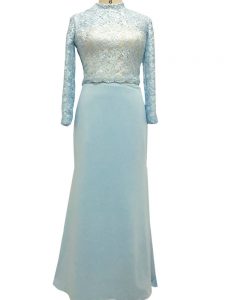 Chiffon High-neck Long Sleeves Side Zipper Lace Mother Of The Bride Dress in Light Blue