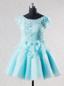 Graceful Aqua Blue Tulle Backless Teens Party Dress Short Sleeves Mini Length Lace and Appliques and Hand Made Flower