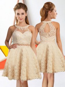 Lace Halter Top Sleeveless Zipper Lace Bridesmaid Gown in Champagne