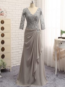 V-neck Long Sleeves Chiffon Mother Of The Bride Dress Lace and Appliques Zipper