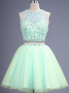 Modest Tulle Scoop Sleeveless Lace Up Beading Wedding Guest Dresses in Apple Green