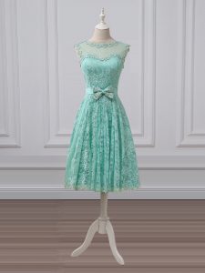 Fashionable Lace and Bowknot Bridesmaids Dress Apple Green Lace Up Sleeveless Knee Length