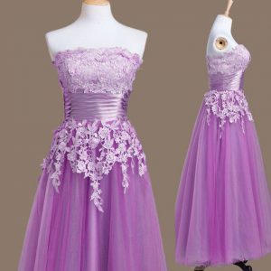 Custom Designed Sleeveless Tea Length Appliques Lace Up Court Dresses for Sweet 16 with Purple