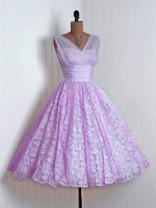 Sleeveless Mini Length Lace Lace Up Damas Dress with Lilac