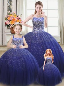 Royal Blue Ball Gowns Tulle Strapless Sleeveless Beading Floor Length Lace Up Quinceanera Dress