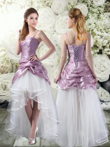 White And Purple A-line Tulle Spaghetti Straps Sleeveless Ruffles High Low Lace Up Wedding Dresses