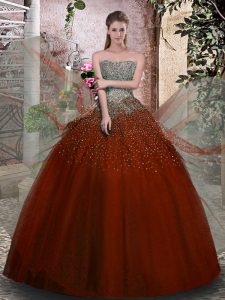 Rust Red Lace Up Strapless Beading Sweet 16 Quinceanera Dress Tulle Sleeveless