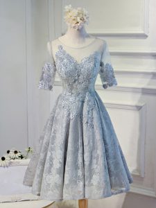 Chic Grey A-line Lace and Appliques Prom Dress Lace Up Organza Half Sleeves Knee Length