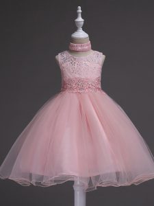Ball Gowns Flower Girl Dress Baby Pink Scoop Organza Sleeveless Knee Length Zipper