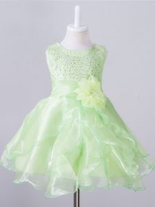 Sleeveless Organza Knee Length Zipper Flower Girl Dresses in Yellow Green with Beading and Hand Made Flower
