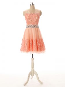 Peach Tulle Zipper Prom Party Dress Sleeveless Mini Length Beading and Lace and Appliques