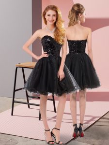 Black Tulle Zipper Sleeveless Mini Length Sequins