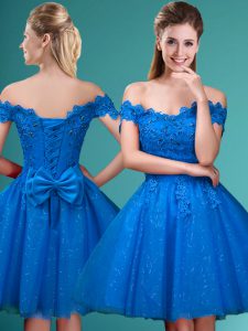 Blue Sleeveless Knee Length Lace and Belt Lace Up Quinceanera Dama Dress