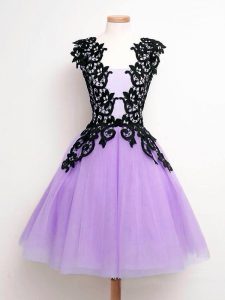 Superior Lavender A-line Lace Wedding Guest Dresses Lace Up Tulle Sleeveless Knee Length