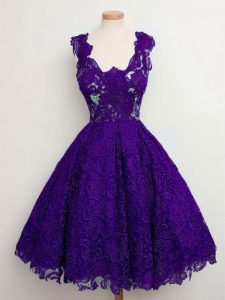 Purple A-line Straps Sleeveless Lace Knee Length Lace Up Lace Bridesmaid Dress