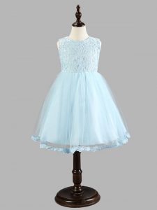 Sweet Light Blue Tulle Zipper Scoop Sleeveless Knee Length Child Pageant Dress Lace and Bowknot