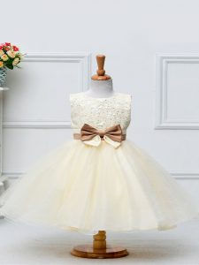 Excellent Sleeveless Zipper Knee Length Lace and Bowknot Kids Formal Wear