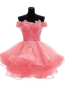 Pretty Watermelon Red A-line Off The Shoulder Sleeveless Organza Mini Length Zipper Beading and Lace and Appliques Cockt