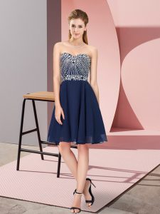 Perfect Sleeveless Knee Length Beading Lace Up Prom Dress with Navy Blue