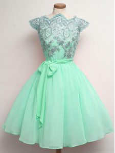 Knee Length Apple Green Wedding Party Dress Scalloped Cap Sleeves Lace Up
