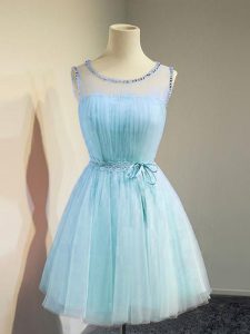 Elegant Aqua Blue Tulle Lace Up Bridesmaid Dress Sleeveless Knee Length Belt