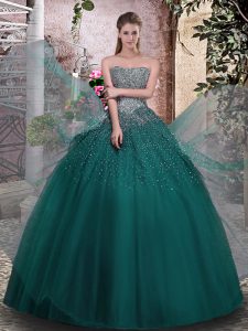 Admirable Sleeveless Tulle Floor Length Lace Up 15 Quinceanera Dress in Dark Green with Beading