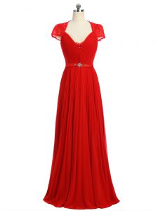 On Sale Red Short Sleeves Floor Length Beading and Ruching and Belt Zipper Prom Gown