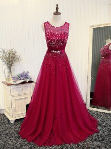 Decent Scoop Sleeveless Tulle Prom Gown Beading and Belt Brush Train Zipper
