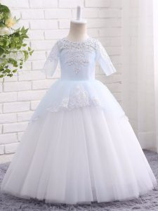 Latest Scoop Half Sleeves Girls Pageant Dresses Floor Length Appliques Blue And White Tulle