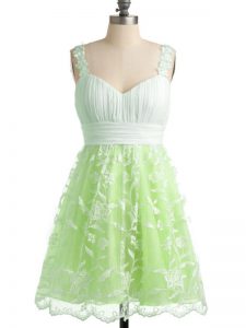 Dramatic Straps Sleeveless Dama Dress for Quinceanera Knee Length Lace Yellow Green Lace