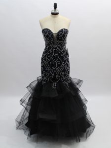 Fantastic Black Mermaid Sweetheart Sleeveless Tulle Floor Length Zipper Beading and Ruffles Dress for Prom