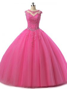 Hot Pink Scoop Lace Up Beading and Lace 15 Quinceanera Dress Sleeveless