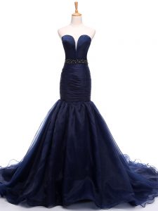 Luxury Sweetheart Sleeveless Evening Dress Court Train Beading and Ruching Navy Blue Tulle