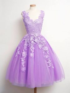 Ideal Lavender Lace Up V-neck Lace Bridesmaid Gown Tulle Sleeveless