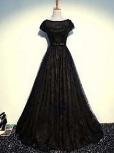 Luxurious Floor Length Black Mother Of The Bride Dress Tulle Short Sleeves Beading and Lace and Belt