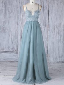 Fantastic Sleeveless Tulle Floor Length Zipper Bridesmaid Gown in Grey with Lace