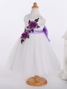 Glorious Knee Length Zipper Little Girls Pageant Gowns White for Wedding Party with Bowknot and Hand Made Flower