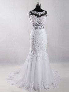 White Sleeveless Court Train Lace Wedding Dresses