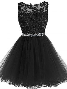 Black Scoop Neckline Beading and Lace and Appliques Prom Dresses Sleeveless Zipper