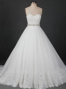 Flirting Ball Gowns Sleeveless White Wedding Gowns Brush Train Lace Up