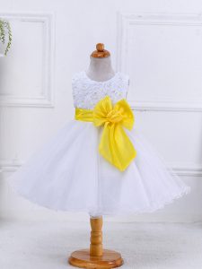Popular White Sleeveless Bowknot Knee Length Little Girls Pageant Dress Wholesale