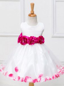 Tulle Sleeveless Knee Length Flower Girl Dresses and Appliques and Hand Made Flower