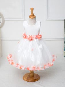 Fashionable White Sleeveless Knee Length Appliques and Bowknot and Hand Made Flower Zipper Flower Girl Dresses